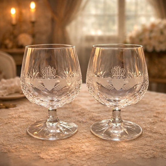 Galway Other - Set Of 2 Galway Irish Crystal Claddagh Cognac Brandy Wine Snifter Glasses 5”
